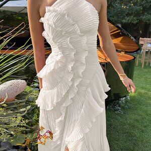 Beige Elegant Women's Ruffle Hem Sleeveless Halter Neck Long Maxi Dress